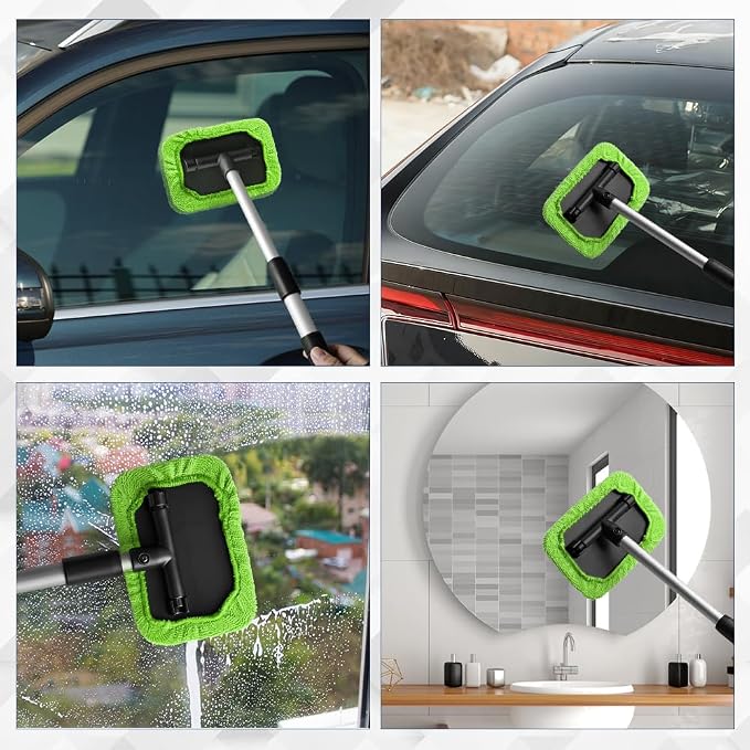 Windshield Cleaning Tool, Car Window Cleaner, Vehicle Window Cleaner with Extendable Handle & 2 Washable Microfiber Pads, Car Interior Glass Wiper Cleaning Kit for Most Vehicles (Green)