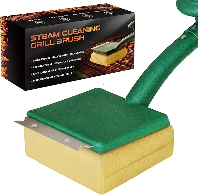 Grill Brush Bristle Free, BBQ Replaceable Cleaning Head, Safe Barbecue Grill Cleaner, with Seamless Fit Scraper Tool for Cast Iron, Stainless-Steel Grates - Green