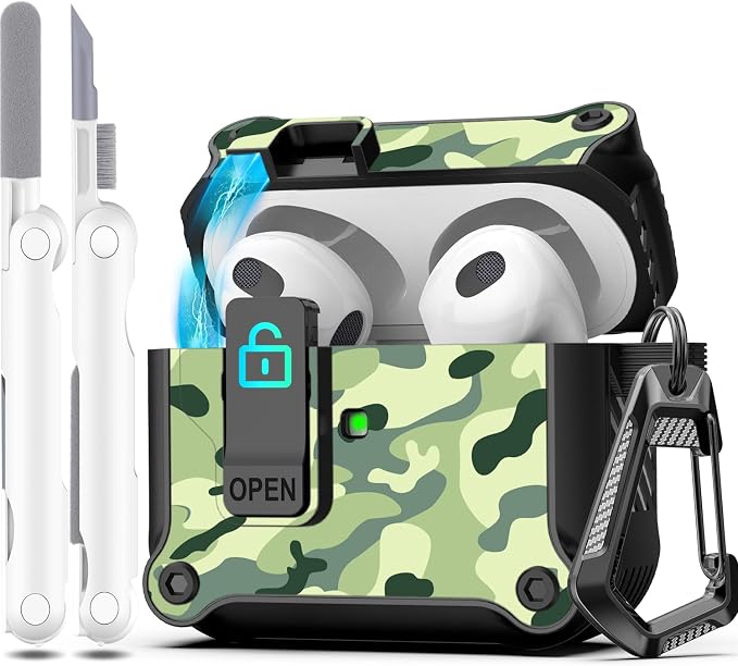 for AirPods 3 Case Cover with Lock Magnetic Lid, Rain Camo | Compatible with Apple AirPods 3rd Generation (2019) Case with Cleaner Kit & Carabiner, Powerful Drop Protection