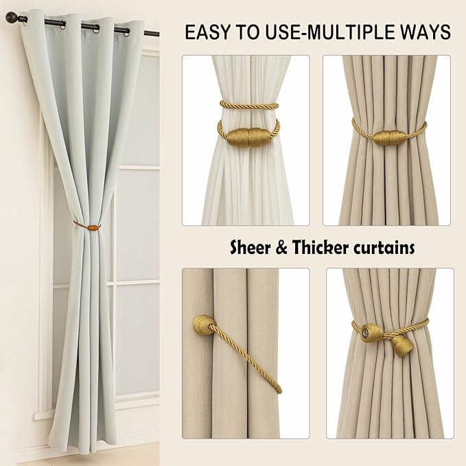 Magnetic Curtain Tiebacks Rope Curtain Tie Backs for Curtains 8 Pack Curtain Holders for Drapes Decorative Window Curtain Holdbacks, Gold