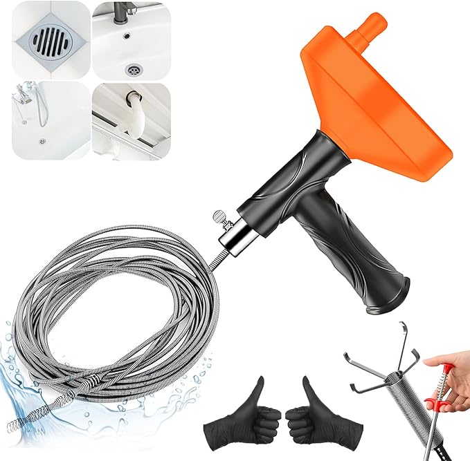 Drain Snake Auger, Plumbing Snake Drain Hair Clog Removal Tool, Sink Unclogger Drain, Heavy Duty Drum Auger, Cleaner Tool for Bathroom Kitchen Tub Shower Drain Clog Remover with Gloves (33 Feet)