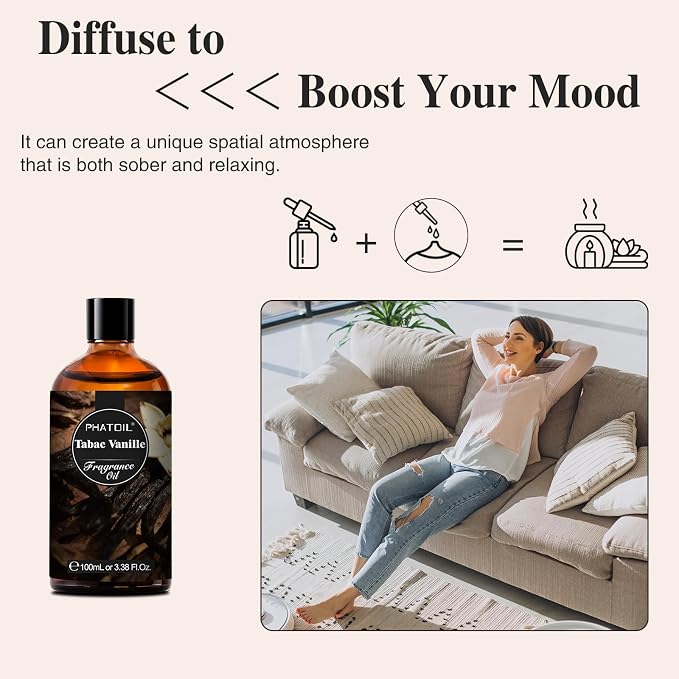 PHATOIL Tabac Vanille Fragrance Oil for Diffuser Aromatherapy 3.38FL.OZ | Long Lasting Scented Oils For Humidifier, Air Freshener, DIY Soap Candle, Scent Project Making, Aroma Oil for Home Freshening