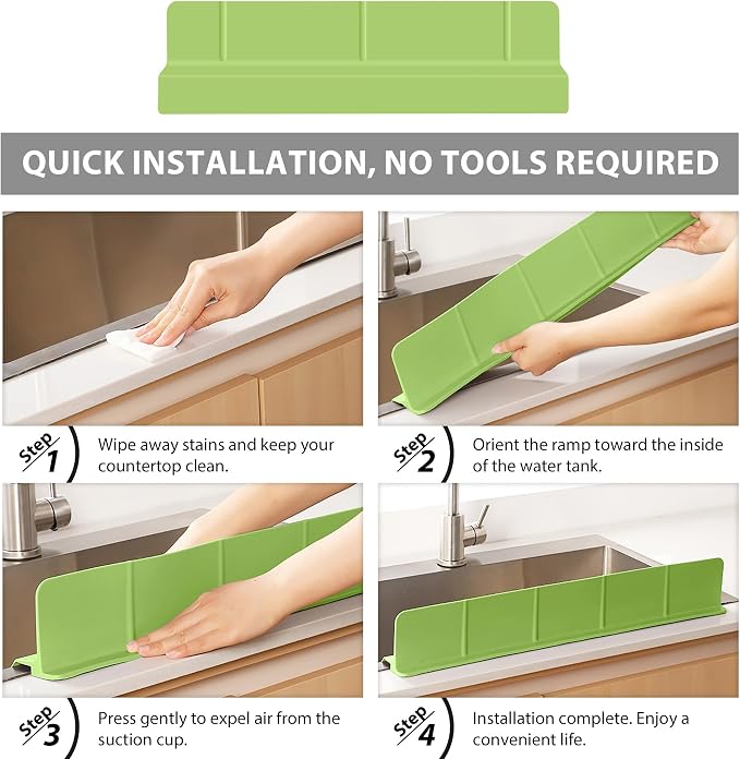 18Inch Sink Splash Guard – Extended Length & Tall Silicone Kitchen Sink Splash Guard with Overhang Drainage Design & Strong Suction Cups for Countertop(Green, 18''x3.5'')