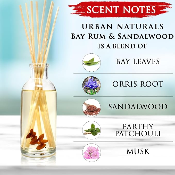 Reed Diffuser Set, Bay Rum & Sandalwood - Bathroom Décor | Powdery Bay Rum, Earthy Patchouli & Musk, A bold, spicy, Masculine scent