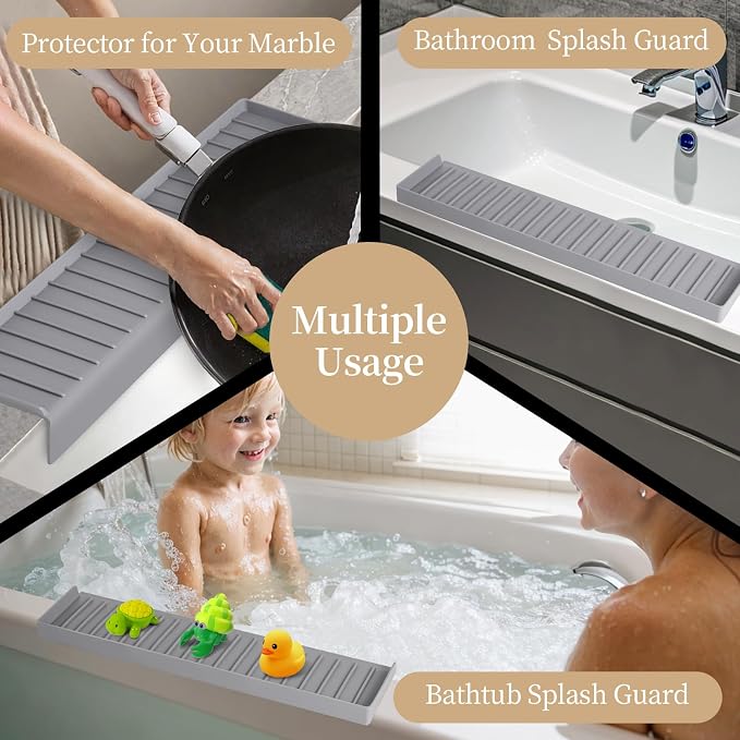 Sink Edge Protector with Suction Cup, 24" x 4", Silicone Sink Splash Guard for Kitchen & Bathroom, Protect Countertop from Scratches, Stains, for Stainless Steel Granite Quartz