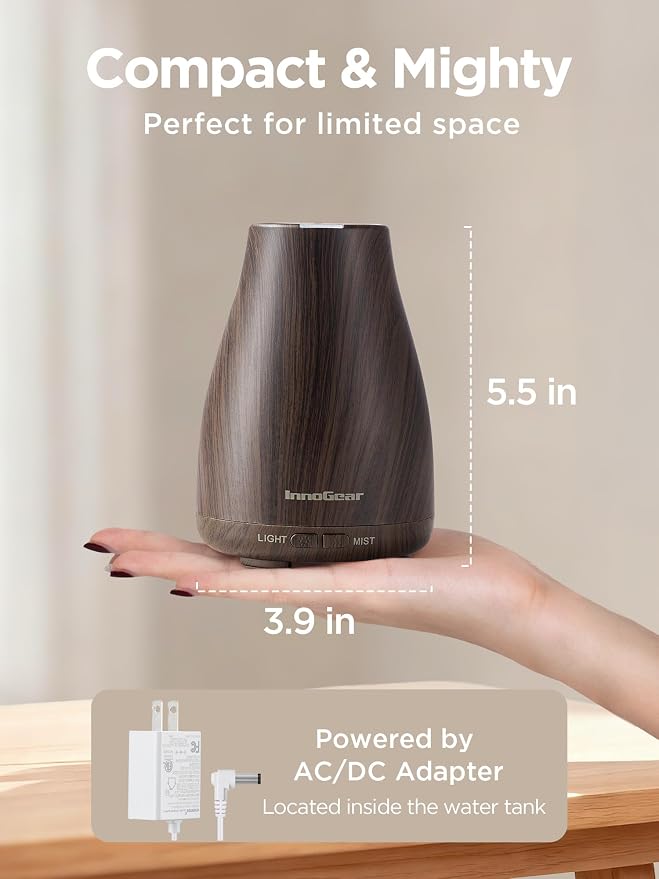 InnoGear Essential Oil Diffuser Ultrasonic Diffusers for Home Scent, Brown | Cool Mist Humidifier, Aromatherapy, Large Room, Run up to 8hrs, Waterless Auto Off, 7 Lights, Living Room, Quiet Operation