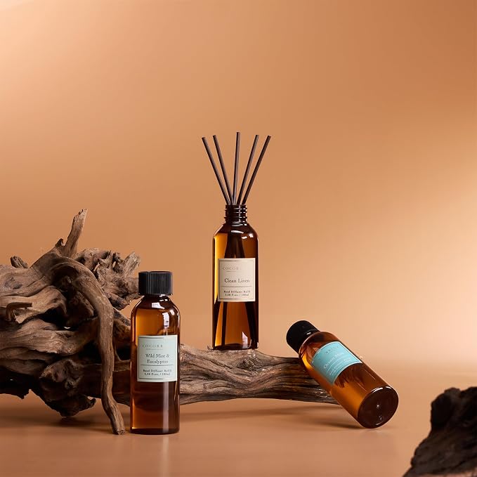 Reed Diffuser Refill Set, 10.2oz Scented Oil Refill 3 Pack, Clean Linen, Ocean Mist, Eucalyptus & Moss, Long Lasting Oil Diffuser Refill with 18 Sticks for Bathroom & Bedroom
