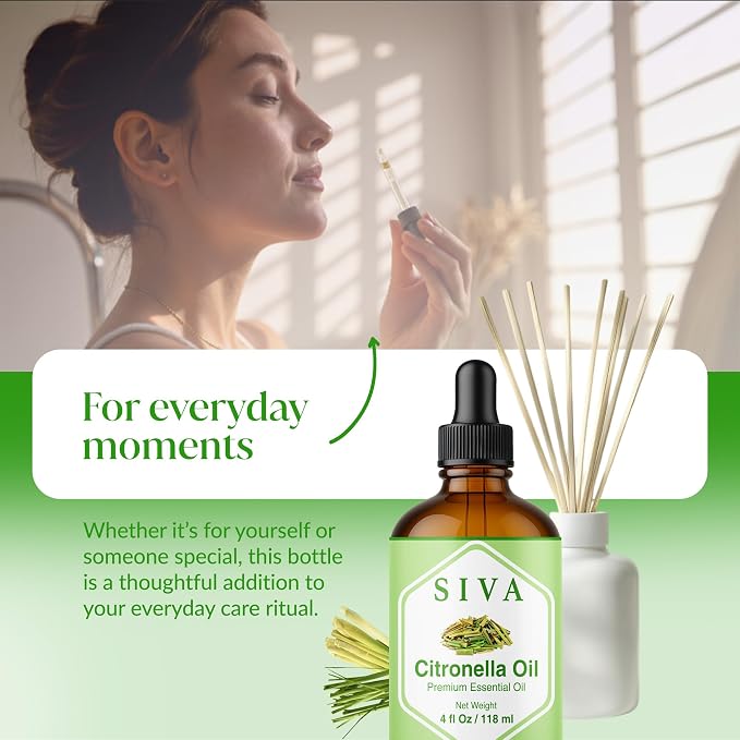 Siva Citronella Essential Oil, Glass Bottle with Dropper, 4 Fl Oz (118 ml) | Citronella Oil for Outdoor Spray, Patio, Diffuser, Home Fragrance, Candle, Soap, Body Massage, Cleaning Blends & DIY Projects