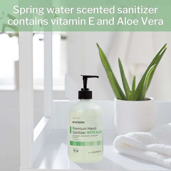 McKesson Hand Sanitizer with Aloe, 18 oz Pump Bottle [Pack of 3] - 70% Ethyl Alcohol, Spring Water Scent, No-Rinse Sanitizing Gel with Vitamin E and Moisturizers, Medical-Grade