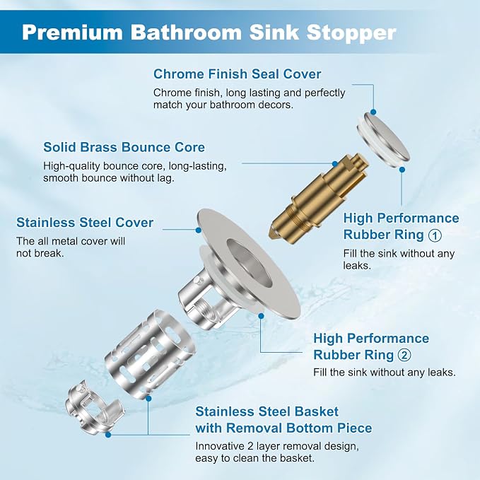 Hibbent 2 Pack Universal Bathroom Sink Drain Strainer, 3 in 1 Pop Up Stopper, Removable Stainless Steel Filter Basket, Brass Bullet Core, Hair Catcher Sink Plug for 1.1''~2.36'' Hole, Brushed Nickel