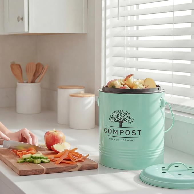 Perfnique Kitchen Compost Bin, 1.3 Gallon Countertop Compost Bin with Lid, Indoor Compost Bucket Includes Inner Bucket Liner and Carbon Filter, Small Compost Bin with Trash Bags (with Bags, Mint)