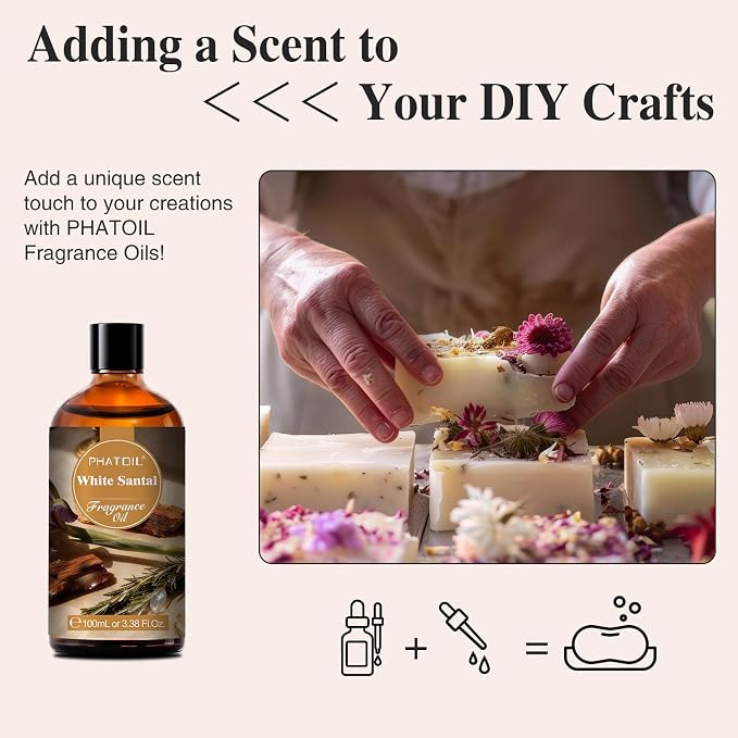 PHATOIL White Santal Fragrance Oil for Diffuser Aromatherapy 3.38FL.OZ | Long Lasting Scented Oils For Humidifier, Air Freshener, DIY Soap Candle, Scent Project Making, Aroma Oil for Home Freshening