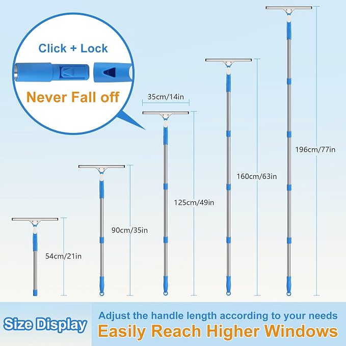 77'' Long Squeegee Window Cleaner Tool for Indoor Outdoor Windows | Professional Window Cleaning Kit with Extension Poles for High Windows Car Windshield Shower Glass Door Solar Panel