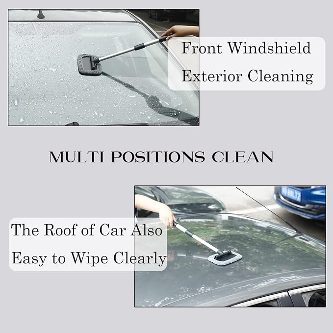 Car Glass Cleaner Wiper,Car Windshield Cleaning Tool, Microfiber Car Window Cleaner with Extendable Handle,Auto Glass Wiper Kit(Gray Square)