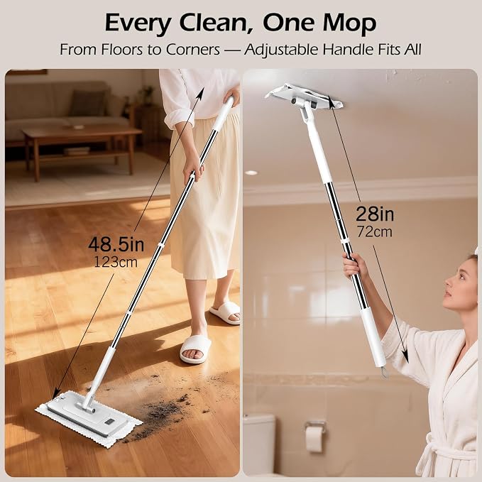 2-in-1 Hands Free Flat Mop,Disposable Dust Mop with 47" Long Handle | Snap-Grip Lazy Mini Mops for Floor Cleaning,Click Mop to Use with Any Cloth,No-Touch, Multi Surface Floor Cleaning