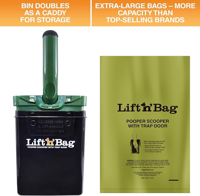 Neater Pet Brands Lift N’ Bag 2.0 Dog Pooper Scooper with Bag Attachment for Small to Large Dogs, New & Improved Design, 195 Refill Bags, Heavy Duty Dog Poop Scooper for Yard & Walks, One-Hand Use