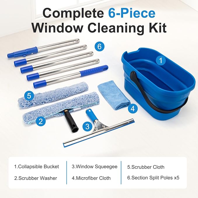 Professional Window Cleaning Kit with Collapsible Bucket 3 Gallon, 65 Inch | 14" Window Squeegee and 15" Microfiber Scrubber Window Washing Equipment Window Cleaner Tool for Outdoor Commercial Household