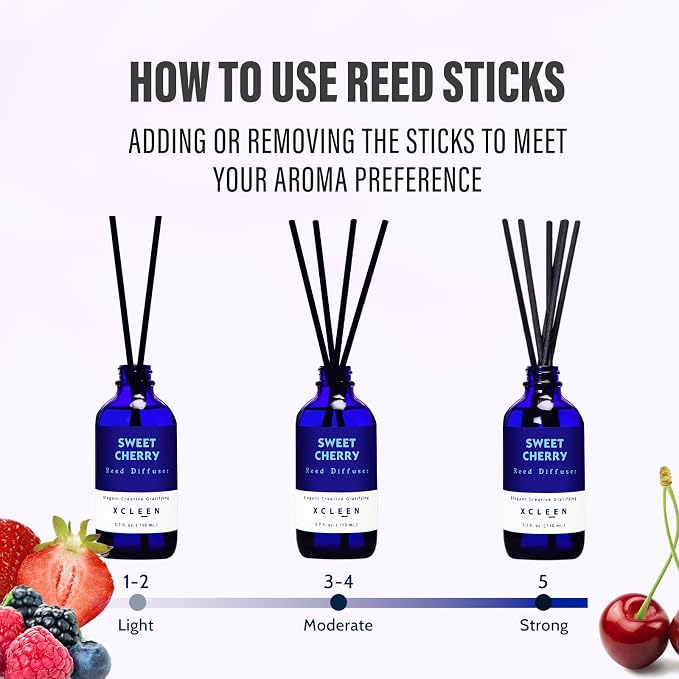 Xcleen Reed Diffuser Set, Sweet Cherry Oil Diffusers with 6 Rattan Sticks, Home Fragrance Reed Diffuser for Home, Bathroom Decor