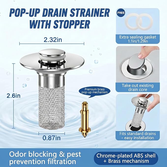 2PCS Bathroom Sink Drain Strainer, Pop-up Stopper Hair Catcher with Stainless Steel Filter Basket, Universal Replacement Drain Plug for Bathroom Sinks