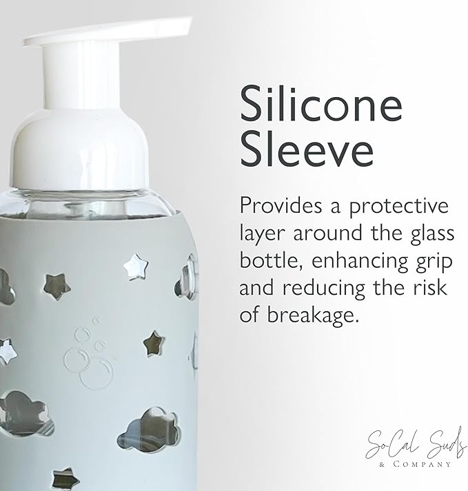 SoCal Suds & Company Glass Foaming Hand Soap Dispenser, Soft Grip Silicone Sleeve, Refillable Pump Bottle for Kids, Baby Wash & Shampoo, Ideal for Home Use, Light Grey 8oz