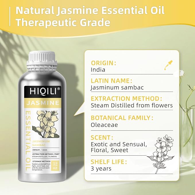 HIQILI Jasmine Essential Oil for Diffuser, Hair & DIY Perfume | Soft Floral Scent For Massage, Nourish Hair & Complexion, Ideal For Diffuser & Fragrance Crafting - 1000ML / 32 Fl Oz