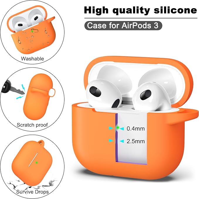 R-fun Compatible with AirPods 3 Case Cover, Silicone Protective Accessories Skin with Keychain Compatible with Apple AirPod 3rd Generation 2021 for Women Men Girls Boys,Front LED Visible,Orange