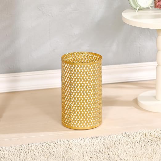 Small Gold Trash Can for Bathroom, Metal Garbage Can for Offices, Decorative Hollow-Out Garbage Can Waste Paper Bin, 7" W X 7" L X 12" H
