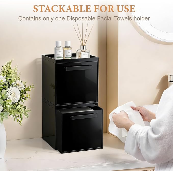 Anyoifax Disposable Face Towels Holder with 2 Pack Qtip Holders, Black | Acrylic Box Bin Compatible with Clean Skin Club Clean Towelettesl XL Bathroom Counter Storage with Drawer