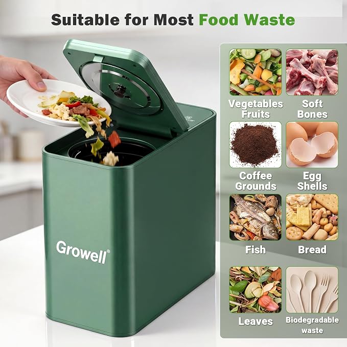 Growell 3.2L Smart Electric Composter, Countertop Food Waste Indoor Bin | Indoor Kitchen Compost,LED Display,Odorless & Low Noise,Auto-Cleaning,One-Touch Operation,Turns Waste to Fertilizer Quickly