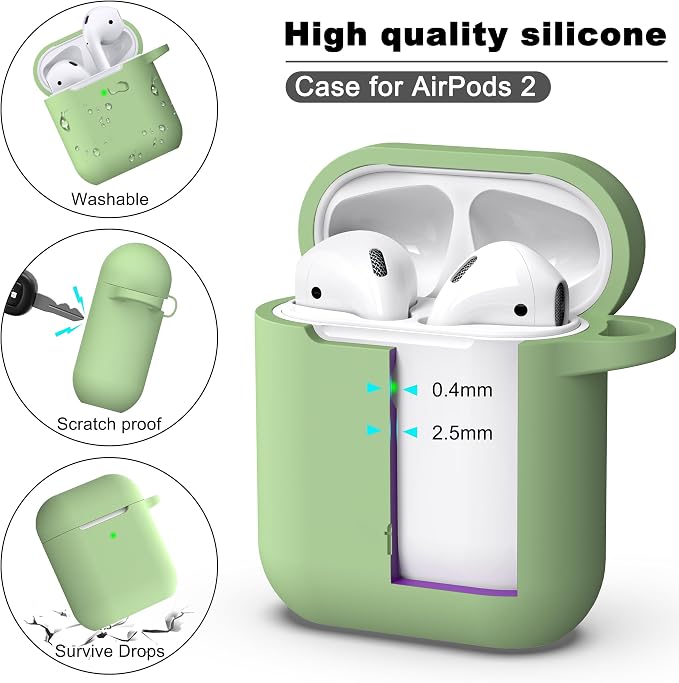 R-fun for AirPods 1/2 Case, Soft Silicone Protective Cover with Keychain and Cleaning Pen, Compatible with AirPods 2nd/1st Generation (2016/2019), Full Drop Protection Cover, Avocado