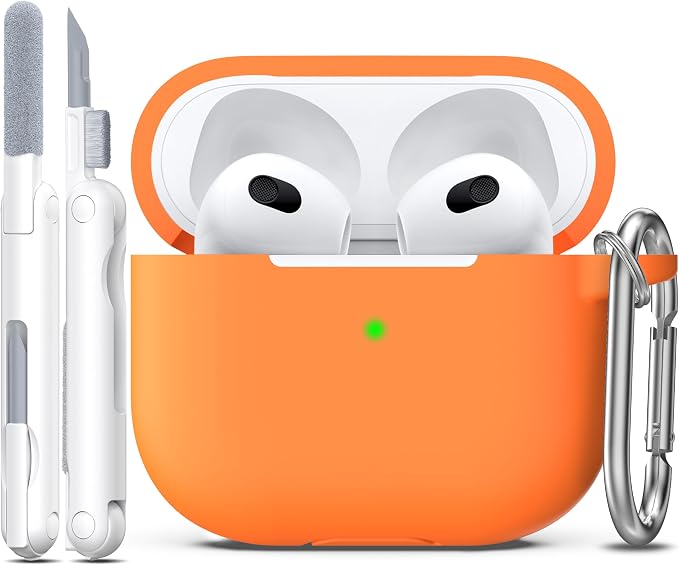 R-fun Compatible with AirPods 3 Case Cover, Silicone Protective Accessories Skin with Keychain Compatible with Apple AirPod 3rd Generation 2021 for Women Men Girls Boys,Front LED Visible,Orange