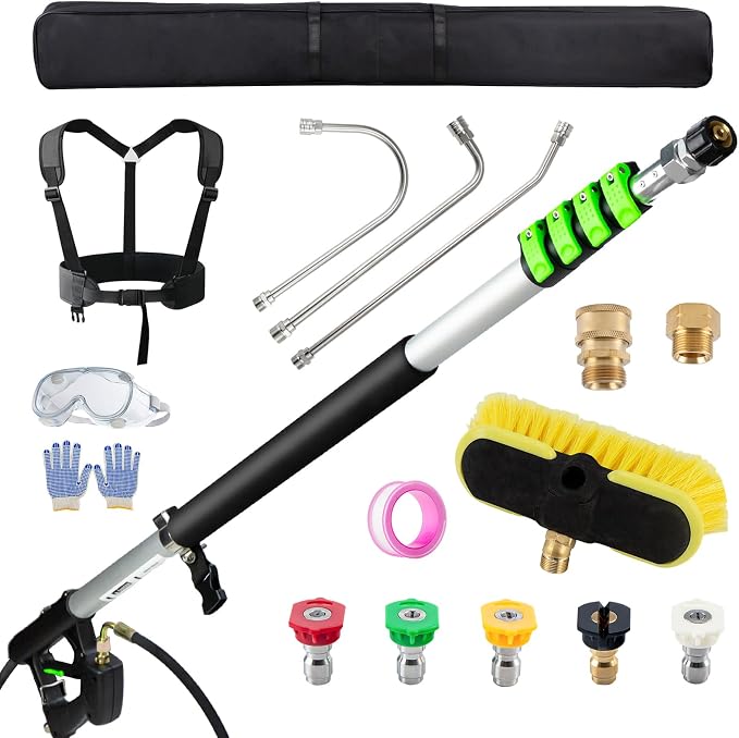 TOR 24 FT Telescoping Pressure Washer Wand with Pressure Washer Extension Wand,Gutter Cleaner Attachment, Pressure Washer Telescoping Wand with 5 Spray Nozzle Tips, 2 Hose Inlet Adapters, Brush Head