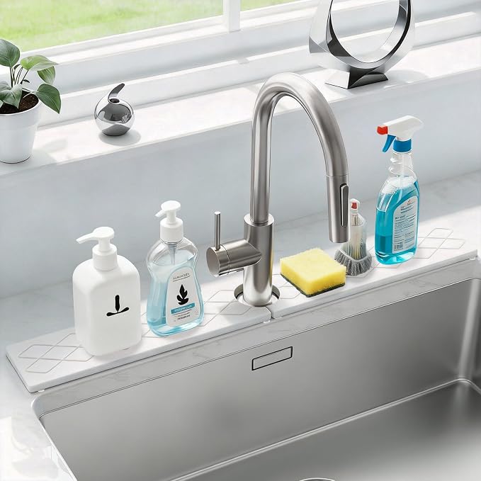 Sink Water Splash Guard, Stone Faucet Mat for Kitchen Sink, Water Absorbing Stone Drying Tray for Bathroom, Prevent Moisture for Kitchen Bathroom Counter, Matte white, 30" x 4"