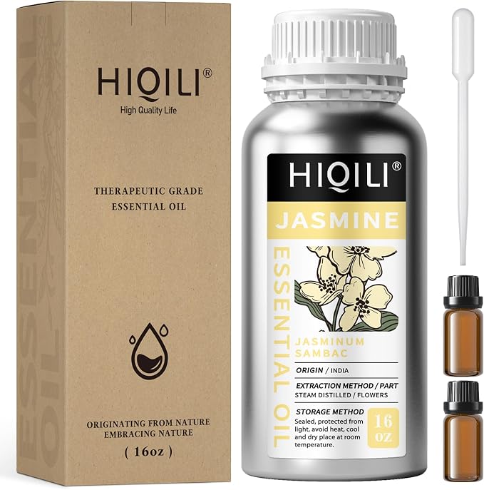 HIQILI Jasmine Essential Oil for Diffuser, Hair & DIY Perfume | Soft Floral Scent For Massage, Nourish Hair & Complexion, Ideal For Diffuser & Fragrance Crafting - 500ML / 16 Fl Oz