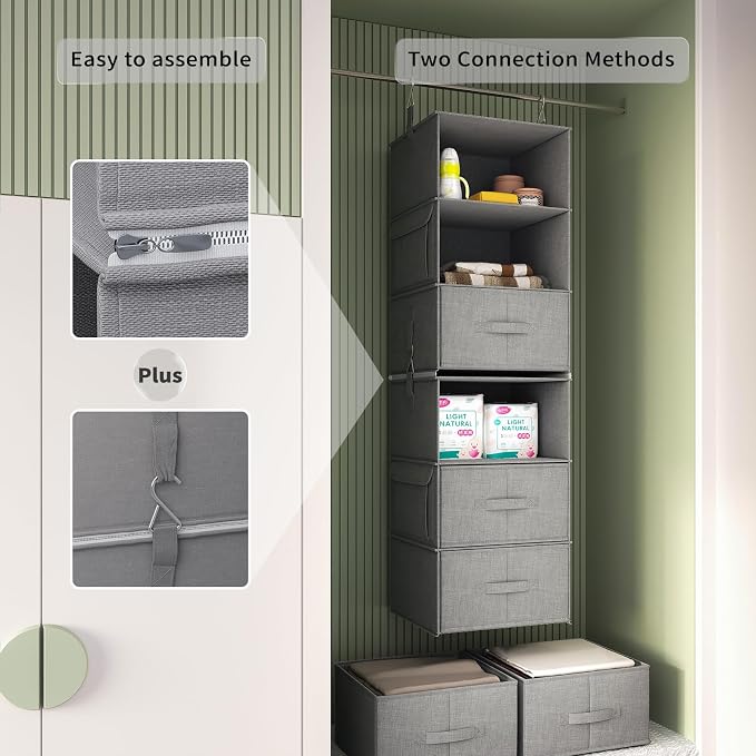 Vailando 6-Tier Hanging Shelves for Closet, Two 3-Shelf Hanging Closet Organizer w/ 4 Side Pockets and 3 Drawers, Combinable for Dorm Wardrobe Organizer and RV Storage and Organization | Converts into Two 3-Shelf Organizers, Foldable Drawers, Side Pock...