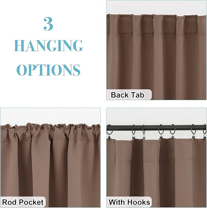 RYB HOME Short Curtains for Kitchen, Blackout Thermal Insulated Window Drapes Back Tabs Room Darkening Half Window Curtains for Studio Dorm Loft, Mocha, W42 x L36 inch, Set of 2 Panels