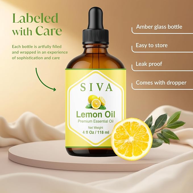 Siva Lemon Essential Oil, Glass Bottle with Dropper, 4 Fl Oz (118 ml) | Lemon Oil for Diffuser, Humidifier, Home Fragrance, Cleaning Blends, Soap Making, Candle Making, Bath Salts & DIY Projects