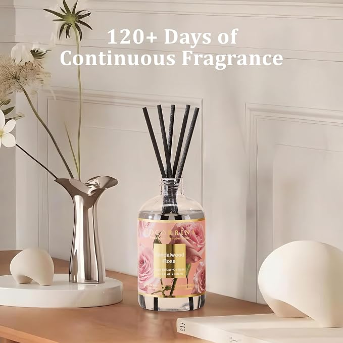 Reed Diffuser Refill Sandalwood Rose 10.14oz (300ml) with 8 Sticks - Premium Long-Lasting Floral Essential Oil, Home Fragrance for Bedroom, Bathroom Home Decor
