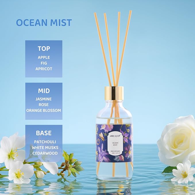 Reed Diffuser Oil Set with Reed Sticks, Ocean Mist Aromatherapy Oil Scent Diffuser for Home Office Bathroom Decoration Perfume and Gifts 3.38 oz/100ml