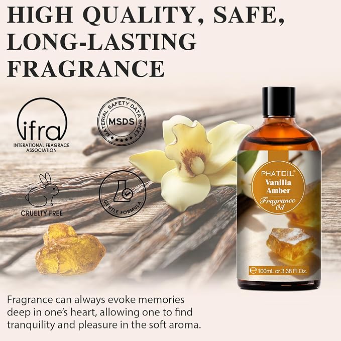 PHATOIL Vanilla Amber Fragrance Oil for Diffuser Aromatherapy 3.38FL.OZ | Long Lasting Scented Oils For Humidifier, Air Freshener, DIY Soap Candle, Scent Project Making, Aroma Oil for Home Freshening