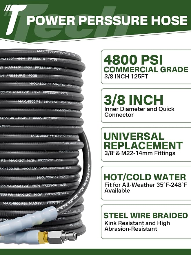 3/8" 4800PSI Pressure Washer Hose 125FT with Swivel Quick Connect for Cold/Hot Water Max 248°F, Kink Resistant Steel Wire Braided, Wear Resistant Power Washer Hose with M22 14mm Adapter