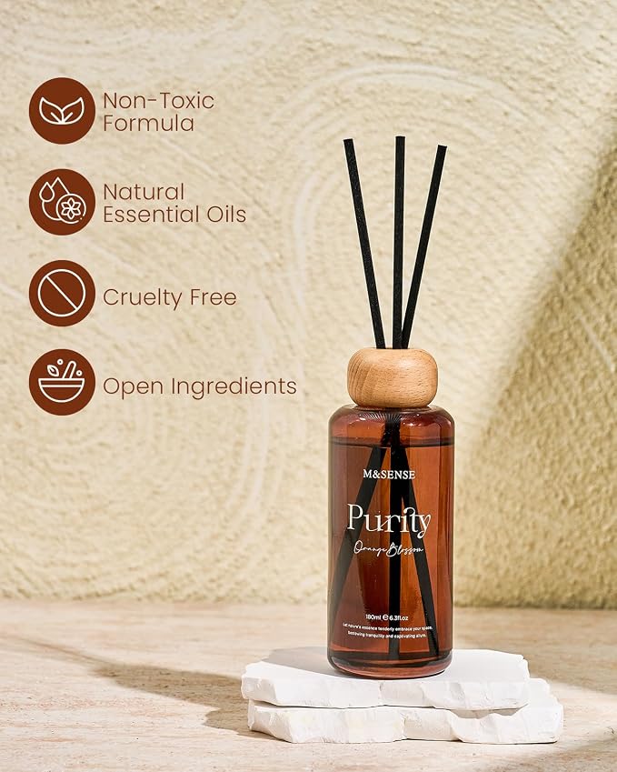 M&SENSE Reed Diffuser Set, Orange Blossom, 6.3 oz Natural Essential Oil | Non-Toxic Organic, Long-Lasting Fragrance, Ideal for Living Room, Kitchen, Gifts for Women