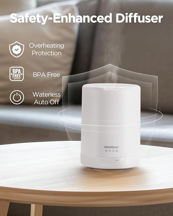 InnoGear 300ml Essential Oil Diffuser for Home Humidifier, Basic White | Aromatherapy, Cool Mist Humidifier, Ultrasonic, Large Room, Run up to 10hrs, Waterless Auto Off, 7 LED Lights, Quiet