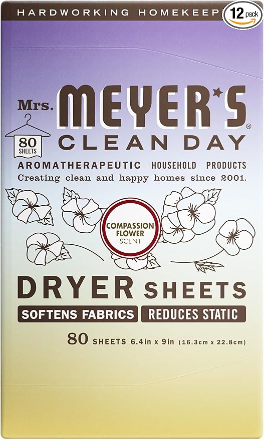 MRS. MEYER'S CLEAN DAY Dryer Sheets, Fabric Softener, Reduces Static, Infused with Essential Oils, Compassion Flower, 80 Count (Pack of 12)