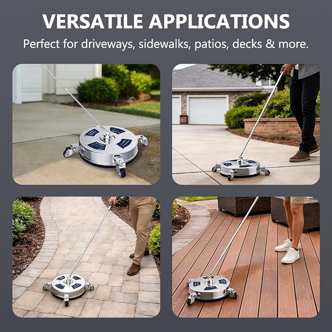 14 Inch Pressure Washer Surface Cleaner – Stainless Steel, 2000–4000 PSI Power Washer Attachment with Wheels, Extension Wands & Quick Connect – Driveway, Patio, Sidewalk, Deck Cleaning Tool