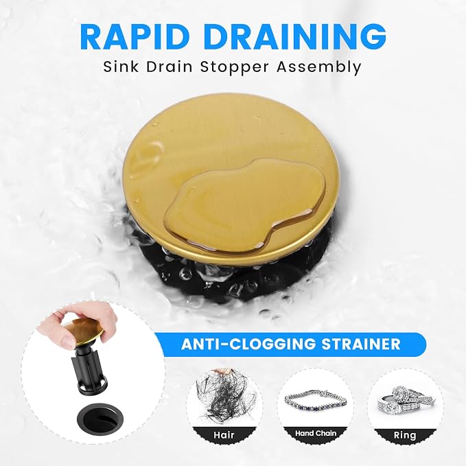 Bathroom Sink Drain with Overflow, Hurran Bathroom Sink Stopper for Bathroom Vanity Vessel Sink, Rapid Draining Plastic Pop-up Sink Drain with Hair Catcher Anti-Clog Strainer, Brushed Gold