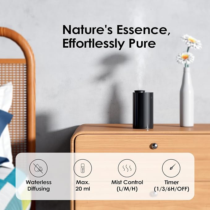 Airversa AN6 Waterless Essential Oil Diffuser Starter Kit, Black | 4 x 10mL Hotel Scent Fragrance Oi, Up to 600 sq ftl, Battery Operated, Portable for Home Car Office, AN6Kit-4x10-01