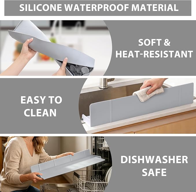Full-Coverage Sink Splash Guard – 22.8 Inch Extra-High Ramp with Super Strong Suction Cups, Silicone Sink Splash Guard with Front-Edge Storage for Kitchen (Grey, 22.8''x4''x2.8'')