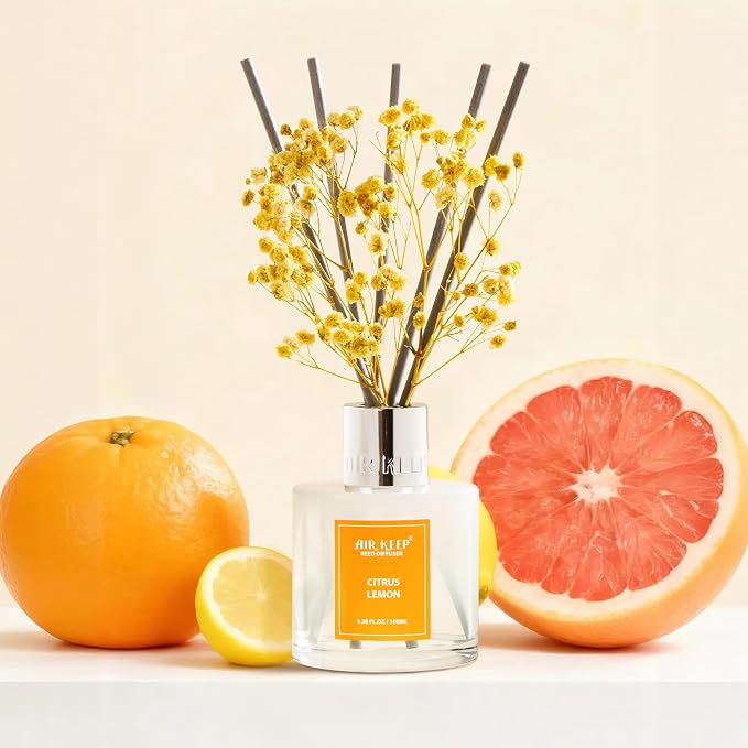 Reed Diffuser Set,3.38 fl oz (100 ml) - Citrus Lemon Oil Diffusers with 8 Reed Sticks, Home Fragrance Reed Diffuser for Bathroom Shelf Decor