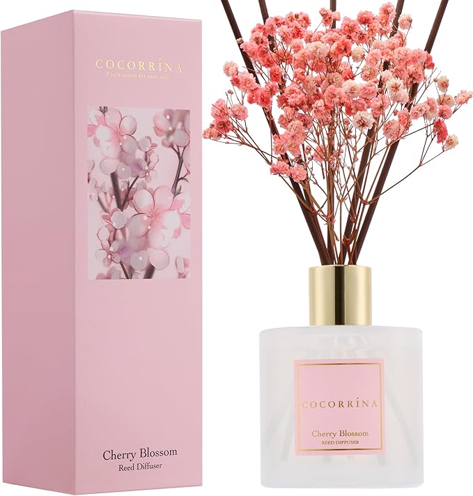 Reed Diffuser - Cherry Blossom 6.7 Fl.oz Reed Diffuser Set with Sticks & Preserved Baby's Breath, Reed Diffuser for Home Bathroom Shelf Decor